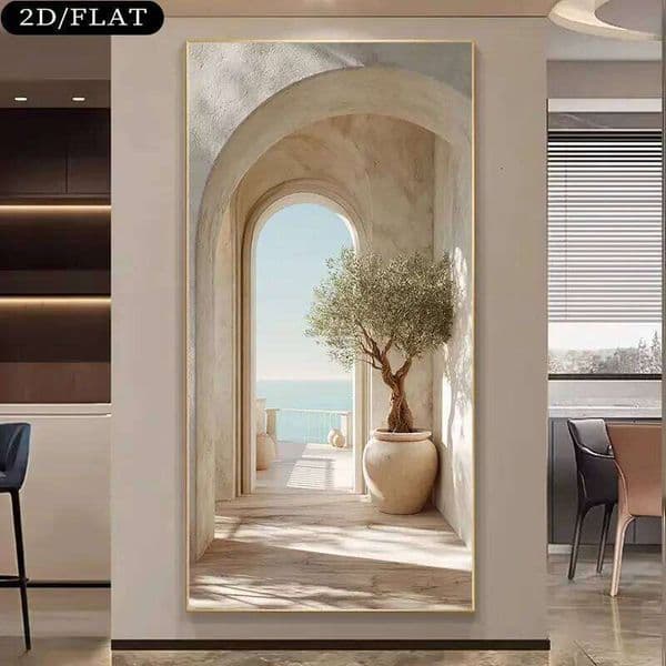 2026 Large Frameless Coastal perfume cologne Mediterranean Olive Tree Arch Canvas Print - Island Inspired Beige & White Greek Vibe Wall Art Free Shipping
