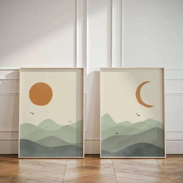 Sage Green Sun & Moon Landscape Canvas Printing Mid-century Abstract Geometric Wall Art Poster for Modern Living Room Home Decor 26H0127
