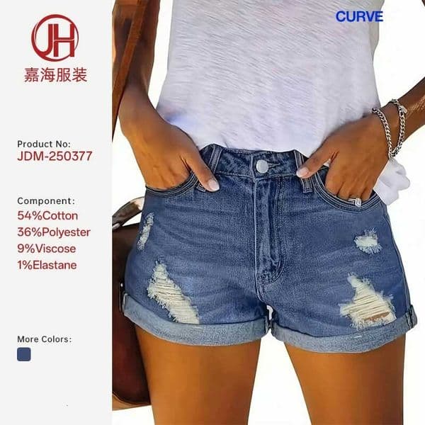 26 New Women's Plus Size High-Waisted Stretch Distressed Blue Rolled Hem Cotton Denim Straight Shorts Hot Pants