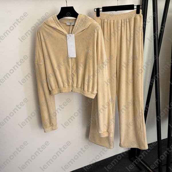 Designer Spning Womens Velour Tracksuit Set Luxury Cropped Zip Up Hoodie Loose Wide Leg Pants Two Piece Casual Outfit Running Clothing DLD2601272