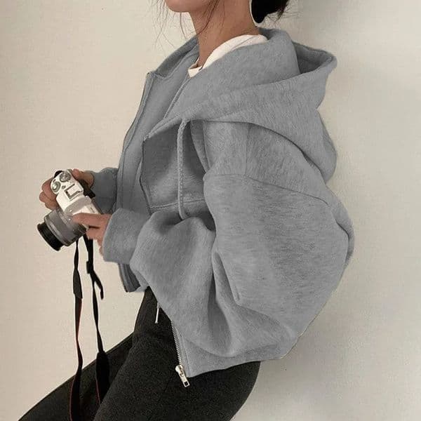 Casual Hood Sweatshirt Women Y2K Zip Up Hoodies Solid Harajuku Long Sleeve Shirt Oversized Crop Tops Female Loose Jackets Coat 260114BANJIA