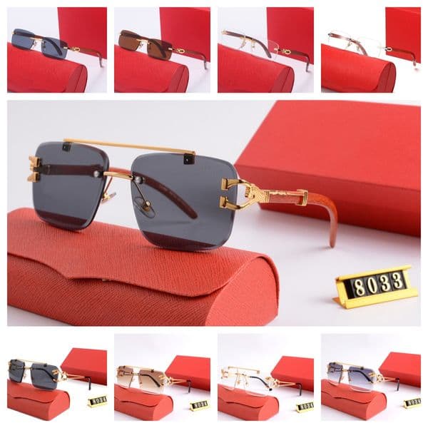 Luxury Wooden Temple Sunglasses for Men & Women Designer Frameless Retro Glasses, Small Rectangular Lenses for Petite Faces with Gold Logo & Red Leather Case
