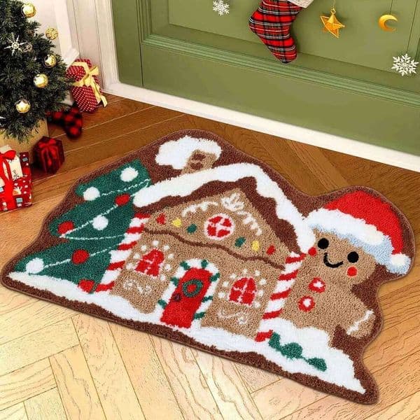VIAMA Christmas House Rug Soft Bathroom Mat Gingerbread Figure Front Door Living Room Holiday Decorations 26W0127