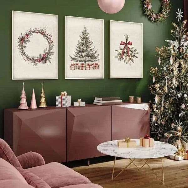 3pcs/set Wreath Pine Plant Canvas Poster Minimalist Farmhouse Winter Christmas Wall Art Prints for Nursery Home Decor 26H0127