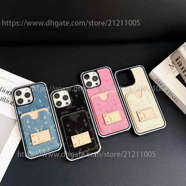 1V Phone Case For Iphone 16 15 14 13 Pro 12 11 Max Plus 16Pro Denim Fabric Print Phone Case Luxury Color Blocking Card Pocket 15Pro Cover 14Promax Gold Plated Logo Shell