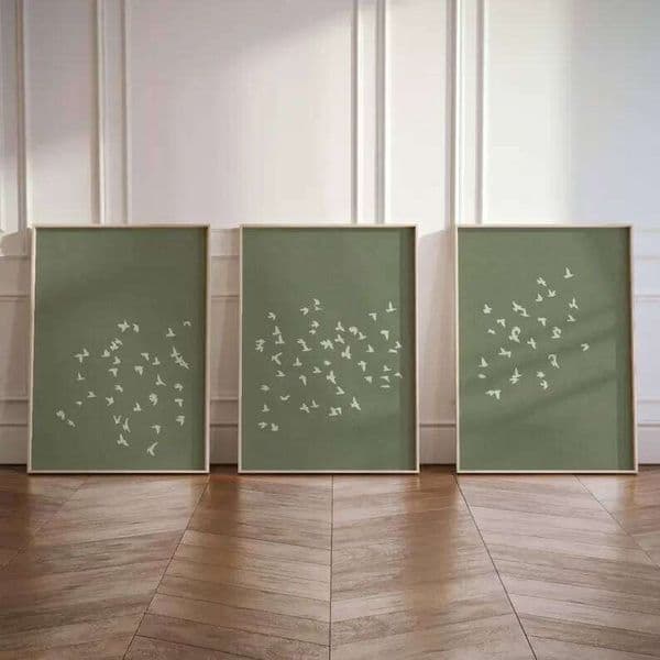 Minimalist Three Groups of Birds and Animals Canvas Prints Japanese Green Wall Art Posters for Modern Living Room Home Decor 26H0127