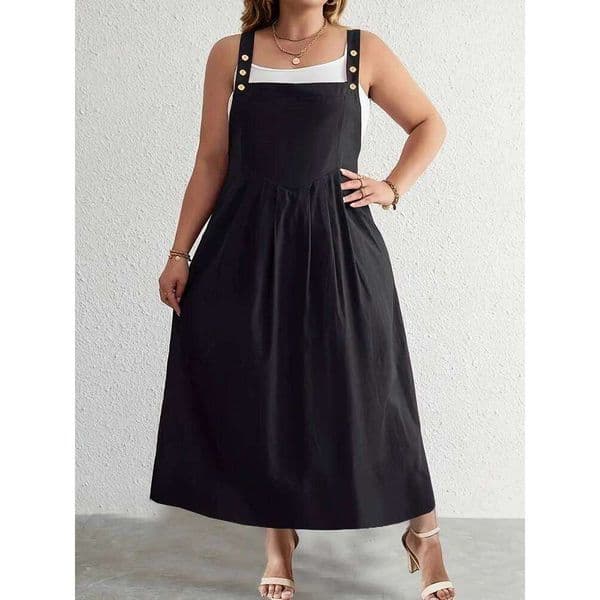 Plus Size Women's Button Shoulder Strap Dress for Casual Wear Solid Colour Summer Best Choice Polyester
