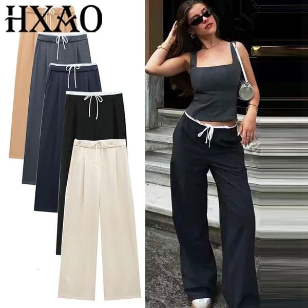HXAO Women Pants Summer Baggy For Woman Pleats Casual Black Office Lace Up Fluid Trousers Boxer Gray Womens 260120BANJIA