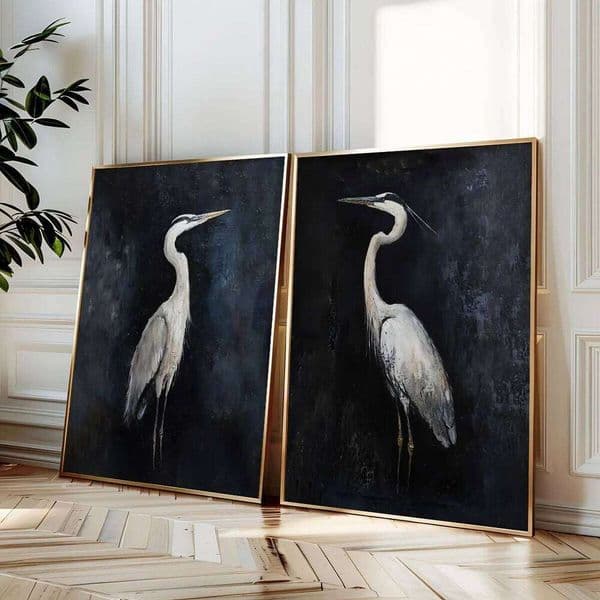 2026 2Pcs/Set Black Heron Cologne perfume Canvas Poster Retro Flying Crane Couple Animal Wall Art Prints cologne For Modern Living Room Home Decor Perfume Gifts
