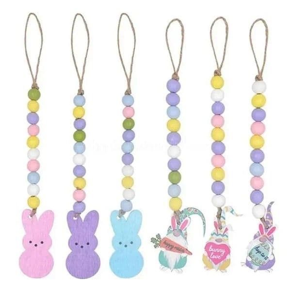 Easter Wood Bead Garland Decor with Rabbit Dwarf Tags for Tiered Tray