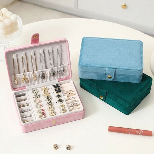1pc Elegant Velvet Jewelry Organizer Box Portable Necklace Bracelet Earrings Rings Display Storage Boxes for Travel or Home Use 260127BJ