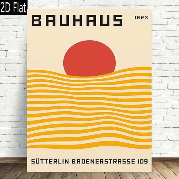 2D Flat 1pc Bauhaus Abstract Sunset Canvas Wall Art - Retro Modern Minimalist Frameless Poster with Red Sun Yellow Waves 26H0127