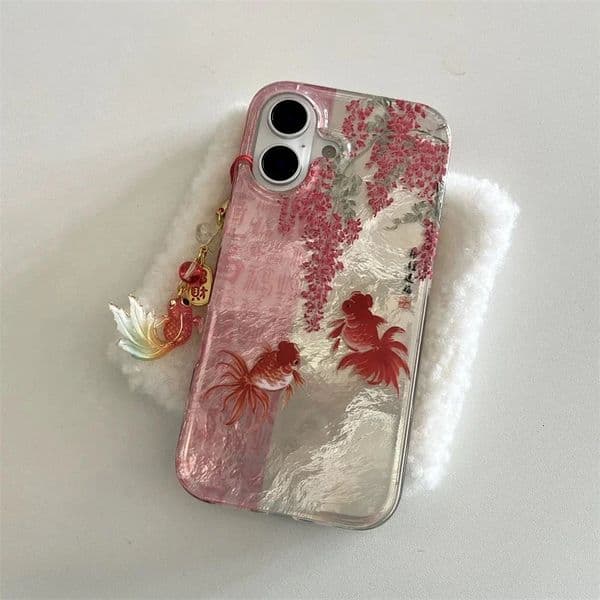 Vortex pattern painted calligraphy flower branch koi phone case with koi pendant for iPhone 11 12 13 14 15 16 17 pro max 260127