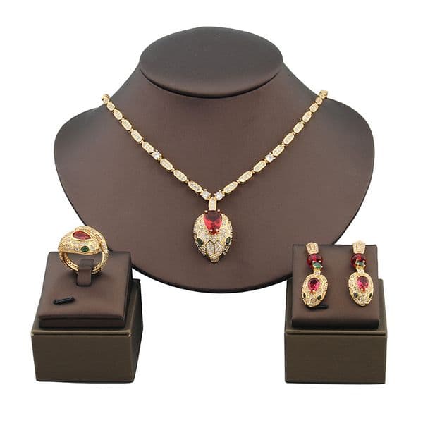 Necklace and Ring Earrings Jewelry Set Vintage New Ring Necklace Jewelry Set Inlaid With Ruby For Women Banquet Wedding Bride Earrings