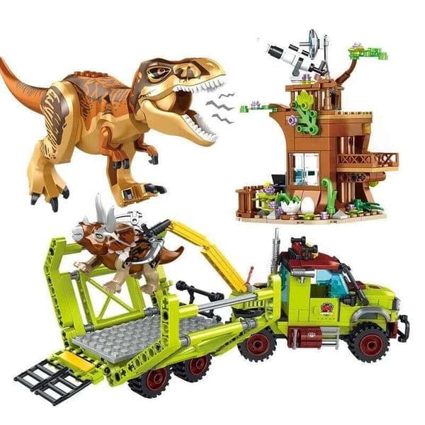 Jurassic Dinosaur Adventure Set with Movable T-Rex Figure Sturdy Tree House & Rescue Truck Model Building Blocks Y260127