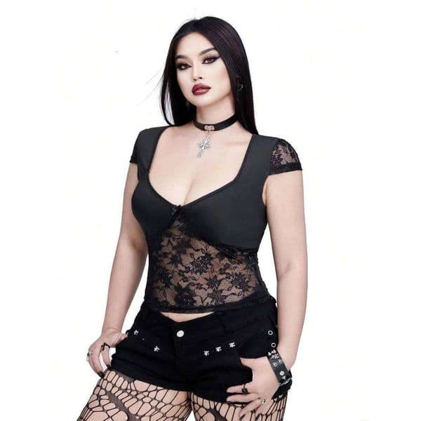 Plus Size Sexy V-neck Bow Lace Sheer Blouse Slim-fit Top Y2K Style Halloween Collection Black Cat T-shirt