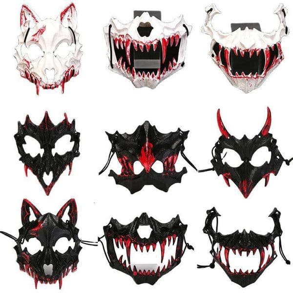 Performance Skull Masks Halloween Half-face Cos Dragon God Fierce Tiger Night Fork Tengu Man Wolf Mask 26Y0127
