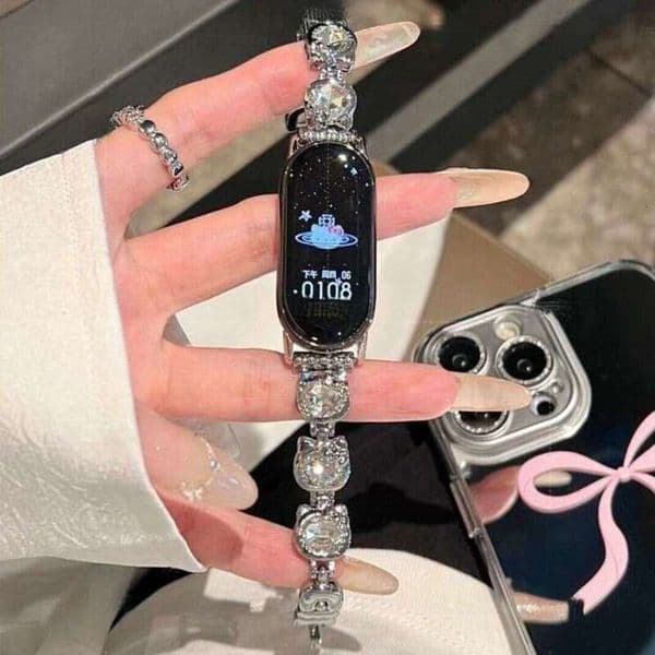 Cat Charm Metal Strap Compatible with Xiaomi Mi Band 6/7/8/9/9 Pro/10 NFC Sparkling Diamond Bling Bracelet Wristband Replacement for Redmi Watch 4