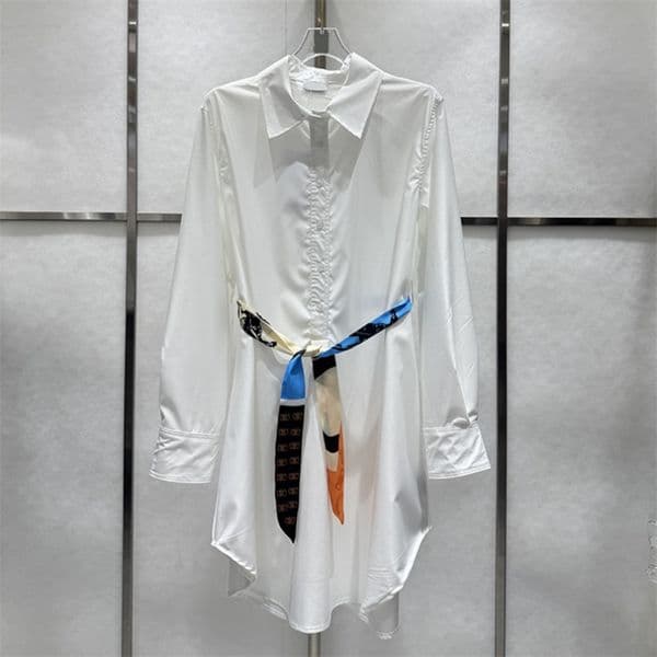 Women Shirt Dress With Necktie Designer Long Sleeved Dresses Lapel Neck Dress Daily Style Loose Fit Dresses