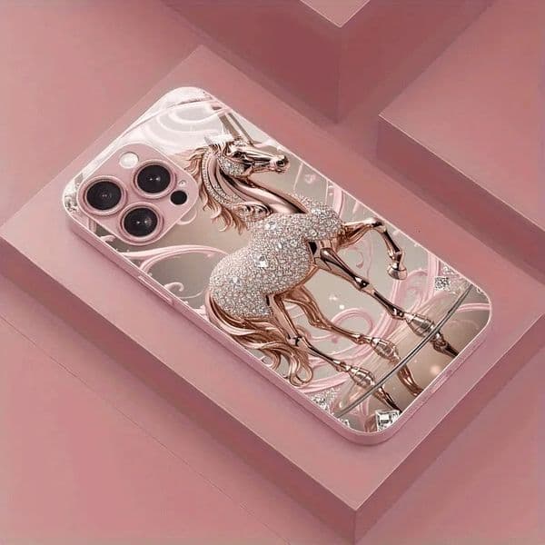 Diamond Horse Pattern Pink Metallic Glass Phone Case For iPhone 17 16 15 14 13 12 11 Pro Max 15 14 Plus 17 Air 16E Cover 260127