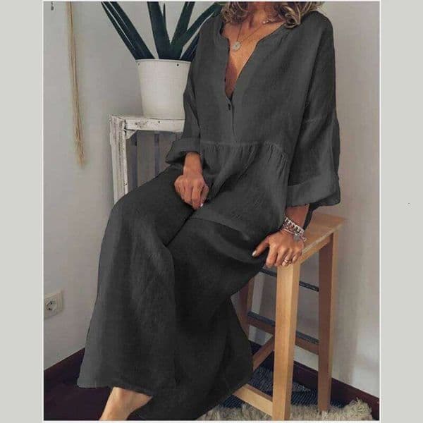 2025 Women's Casual Sleeve Cotton Linen Oversized Solid V-neck Elegant Long for Girls Loose Beach Dress S-5XL