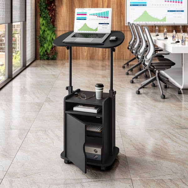 Wholesale Techni Mobili Sit-to-Stand Rolling Adjustable Laptop Cart with Storage Black