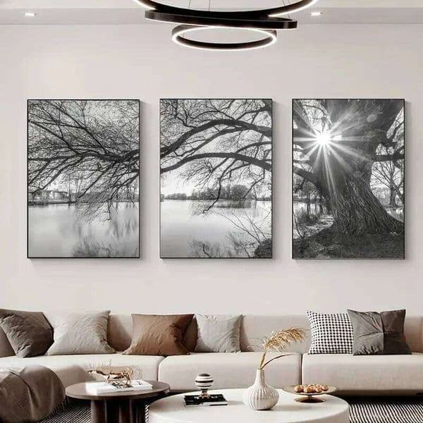 3pcs Poster Stunning Big Tree Lake Sunset Landscape Canvas Painting for Living Room Bedroom and Study Decoration Wall Posters 26H0127