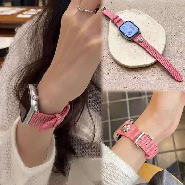 Camellia Charm Denim Fabric Strap for Apple Watch Series 11/10/9/8/7/SE Slim Waist Wristband
