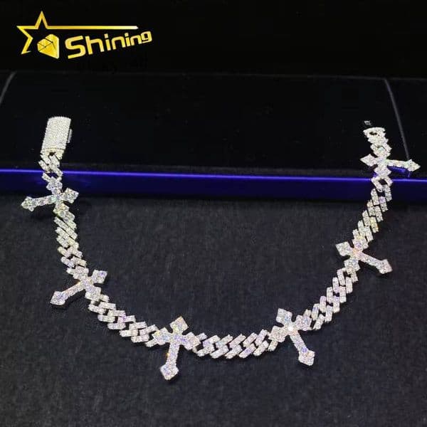 Fine Jewelry Iced Out Cross Design Moissanite 925 Sterling Silver 6mm Hip Hop Cuban Link Bracelet