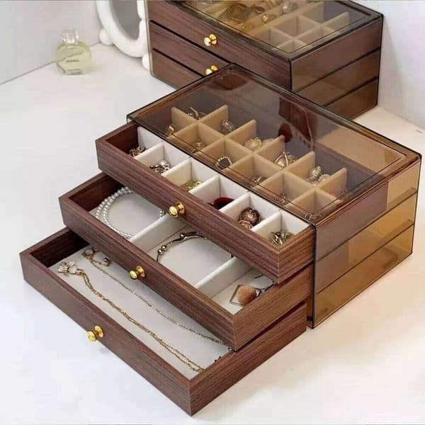 Multi-layer Wooden Box Transparent Window Rings Necklace Jewelry Storage Case Organizer Bracelet Earrings 26H0128