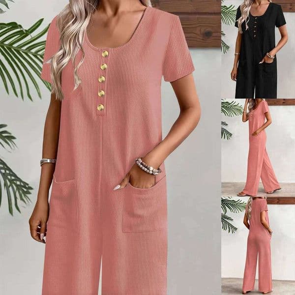 Women's Elegant Waffle Knit Short Sleeve Jumpsuit with Two Pockets, Round Neck, Breathable & Button Detail