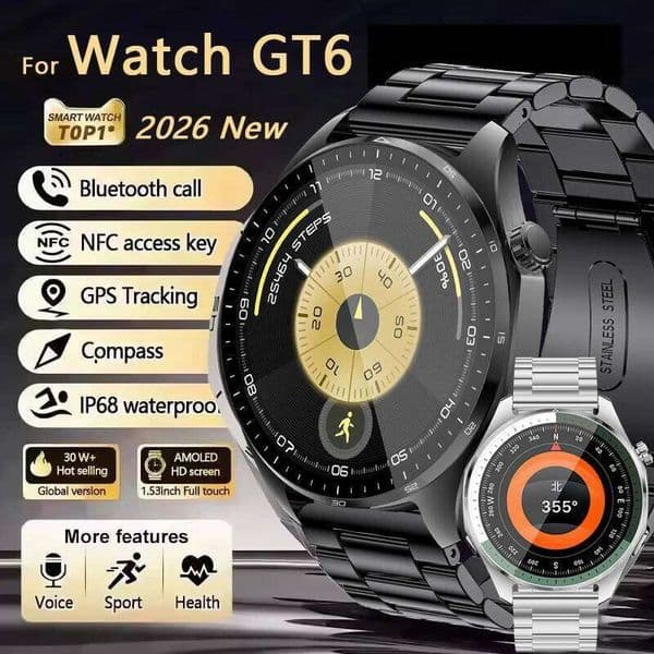 2026New GT6 Pro Smart Watch Men AMOLED Outdoor Sports NFC GPS Compass Heart rate Waterproof Bluetooth Call Man Smartwatches X260128