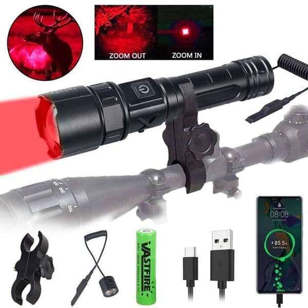 Tactical Zoomable Hunting Flashlight Red White Green LED Torch 5 Modes Type-C Fast Charging Lantern for Camping Fishing 26Y0128