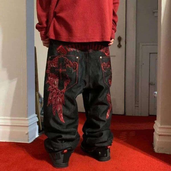 Gothic Embroidered Men Black Red Pattern Y2K High Waist Jeans American Retro Street Couple Casual Pants C260128