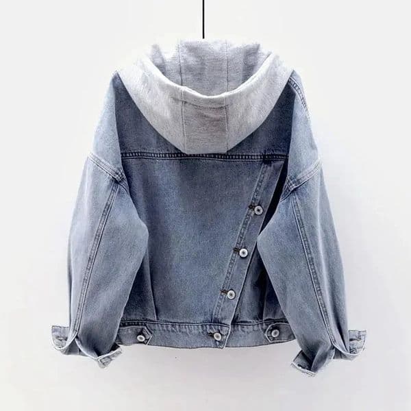 Blue Hooded Turndown Collar Denim Jacket Women Loose Button Patchwork Outwear Jean Coat Female 260120