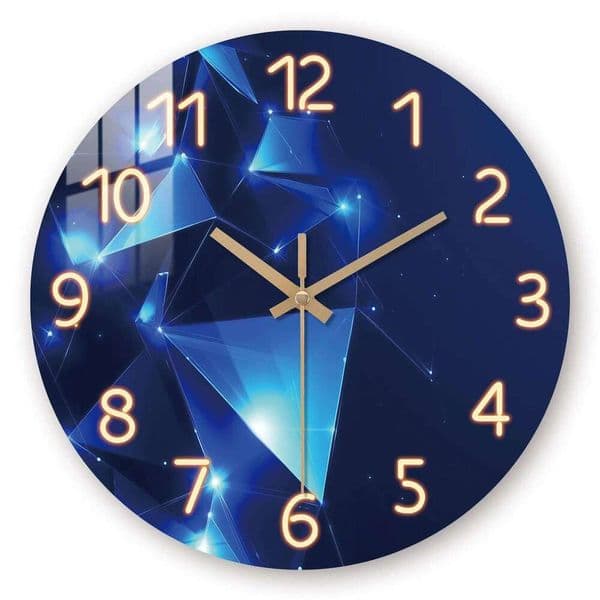 Dreamy dark blue geometric element wall clock - silent, round wooden quartz tempered film veneer clock, suitable for livi 26W0128