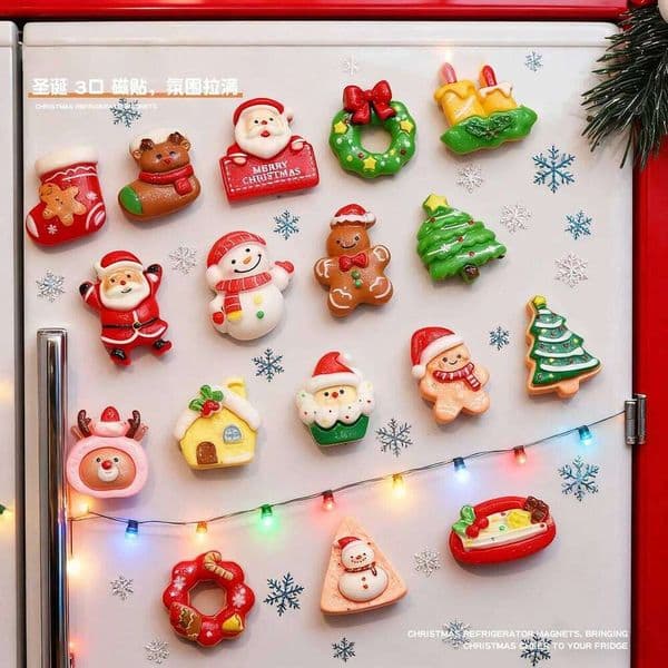 cartoon magnetic refrigerator 3D resin reindeer Christmas wreath snowman home decoration message sticker 26H0128