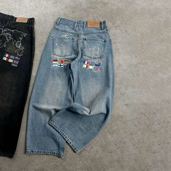 Y2K Washed Loose Vintage World Map Embroidery Multi Country Flag Patch Wide Leg Jeans Men Women Casual Fashion Streetwear C260128