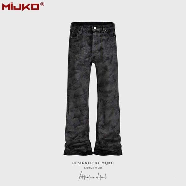 Mijko High Street Hand Brushed Glue Sparkling Baggy Flare Jeans for Men Y2k Leather Pants Oversized Denim Trousers XXL XL L M C260128