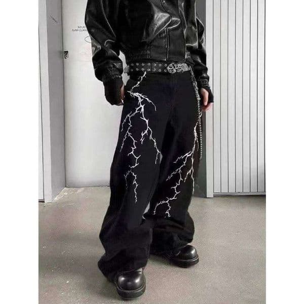 Y2k Fashion Baggy Jeans Black Men's Streetwear Straight Oversize Wide-leg Pants Vintage Lightning Pattern Loose Denim Trousers C260205