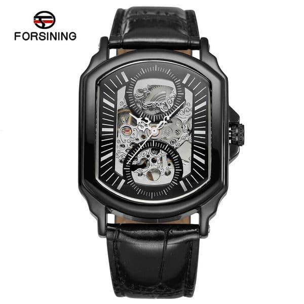 FORSINING Hollow Double Circle Pattern Mechanical Black White Watch Strap