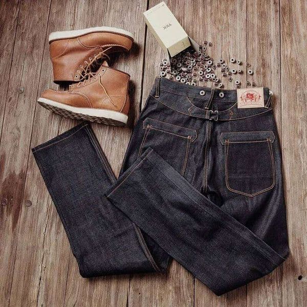 Red Whirlwind Men's Blacksmith Jeans Original Color Red Ear Denim Rear Buckle Belt Trousers