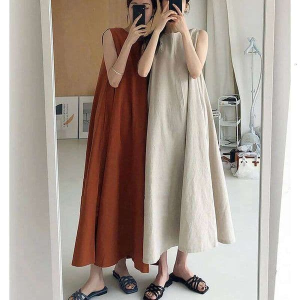 Good Quality Women Summer 100% Cotton Sleeveless O-Neck Oversize Boho Maxi Loose Long Dress Vestidos Clothes MAKOUFEI