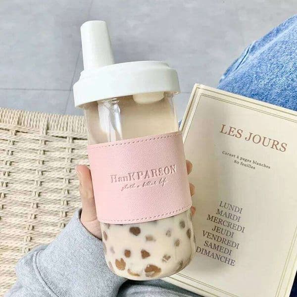 500ML Cute Pearl Straw Plastic Water Bottle With Cover Women Large Capacity Juice Boba Milk Tea Cup Drop-proof