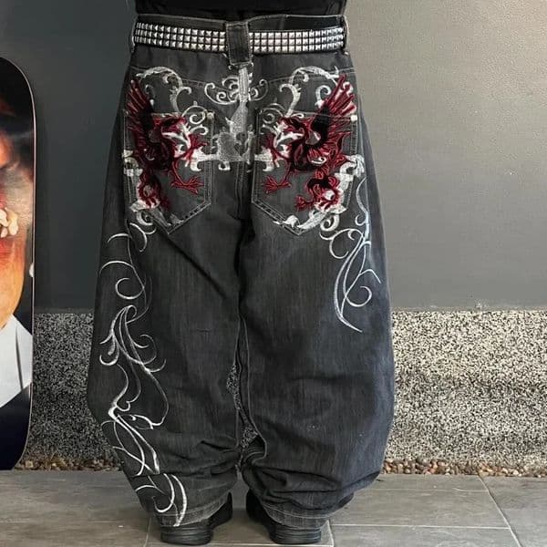 Streetwear Y2K Gothic Denim Trousers Harajuku Punk Dinosaur Embroidery Washed Jeans Hip Hop Wide Leg Oversized Jeans Mens Womens 260120BJ