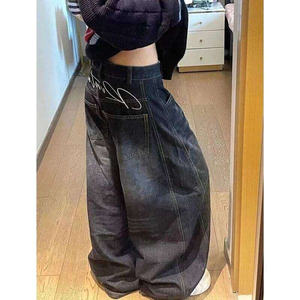 Black Womens Jeans High Waist Vintage Design Hip Hop Straight Baggy Pants Street Y2K American Style Wide Leg Denim Trouser