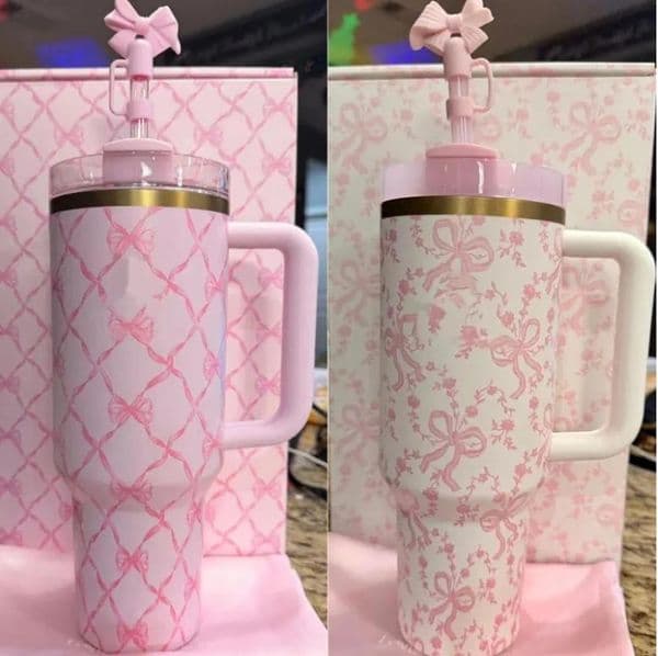NEW 40 OZ Tumblers Floral Cups With Bow Cap Stainless Steel with handle Lid and Straw Pink Car Mugs Chocolate Gold Water Bottles For Christmas Gifts US stock