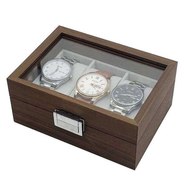 3 Slots Retro Series Walnut Dark Wood Box for Watch Jewelry Glass Lid With Grey Velvet Interior 26H0128