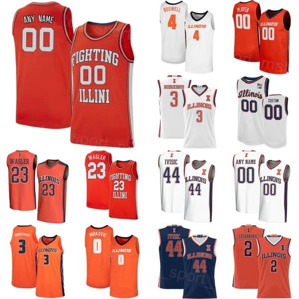 Printed College Basketball Illinois Fighting Illini Jersey 23 Keaton Wagler 4 Kylan Boswell 2 Andrej Stojakovic 0 David Mirkovic 13 Tomislav Ivisic Men Women Kids