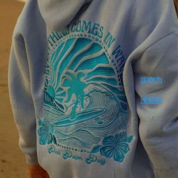 2026 Professional Embroidery DING Z Cross-Border European Size Drop Shoulder Sleeve Ribbed Coconut Wave Pattern Hoodie Sweatshirt Jacket